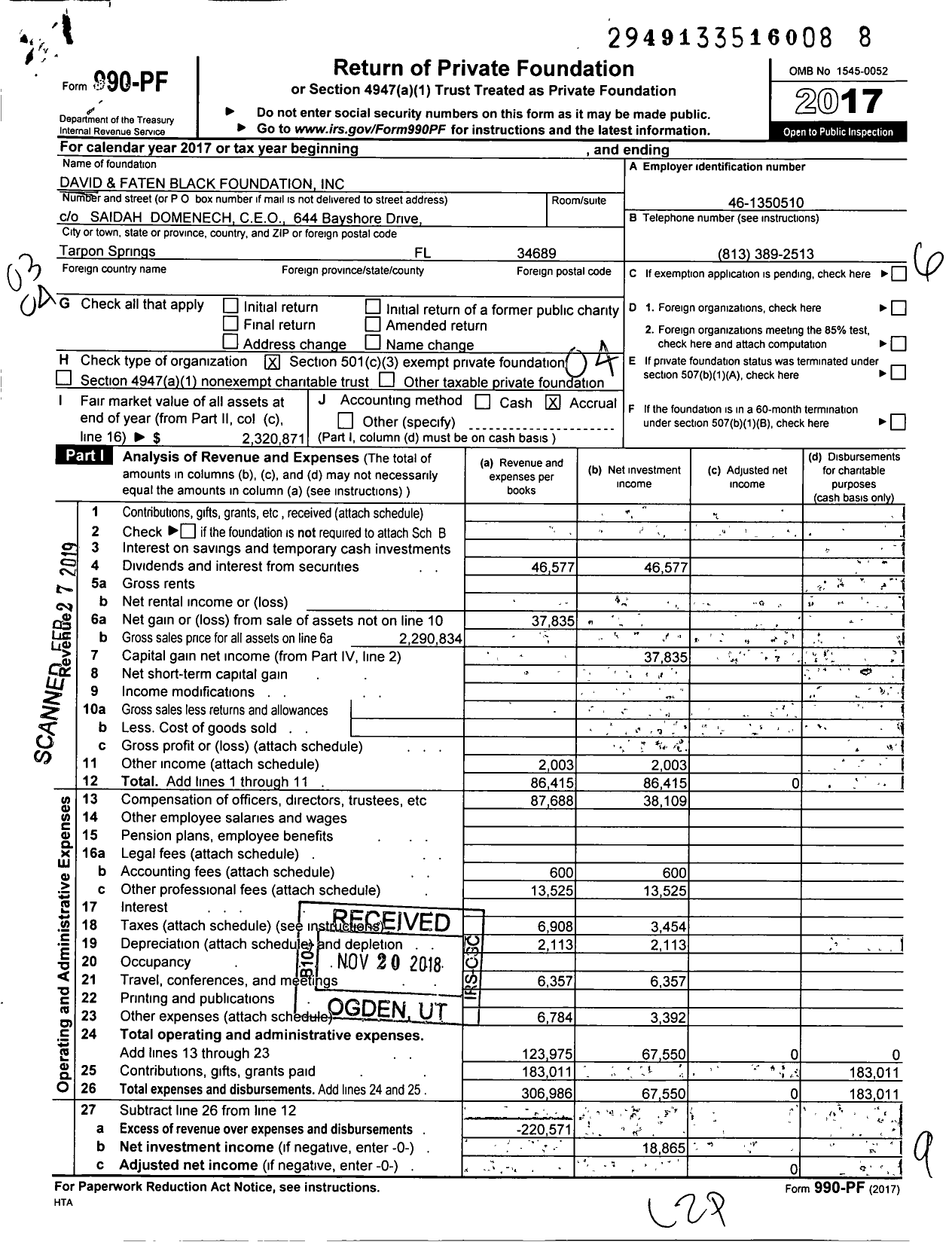 Image of first page of 2017 Form 990PF for David and Faten Black Foundation