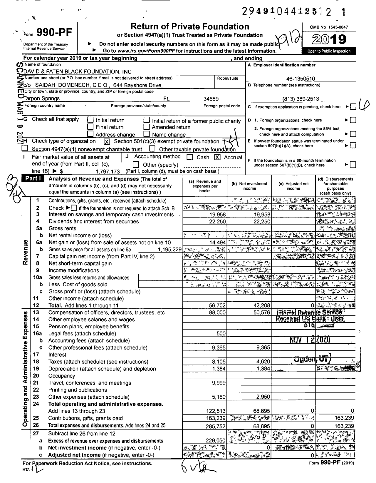 Image of first page of 2019 Form 990PF for David and Faten Black Foundation