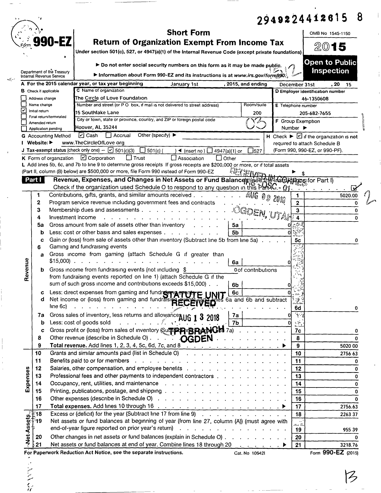 Image of first page of 2015 Form 990EZ for Circle of Love