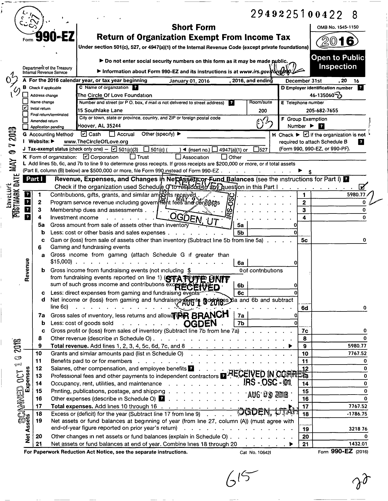 Image of first page of 2016 Form 990EZ for Circle of Love