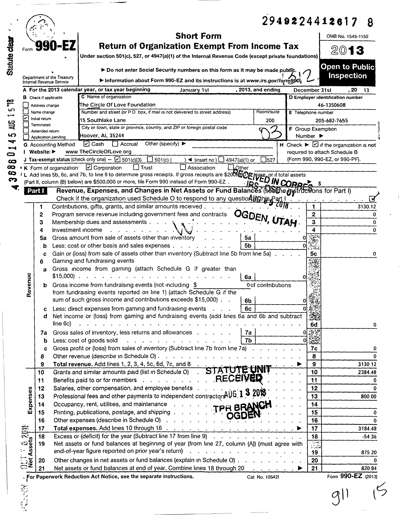 Image of first page of 2013 Form 990EZ for Circle of Love