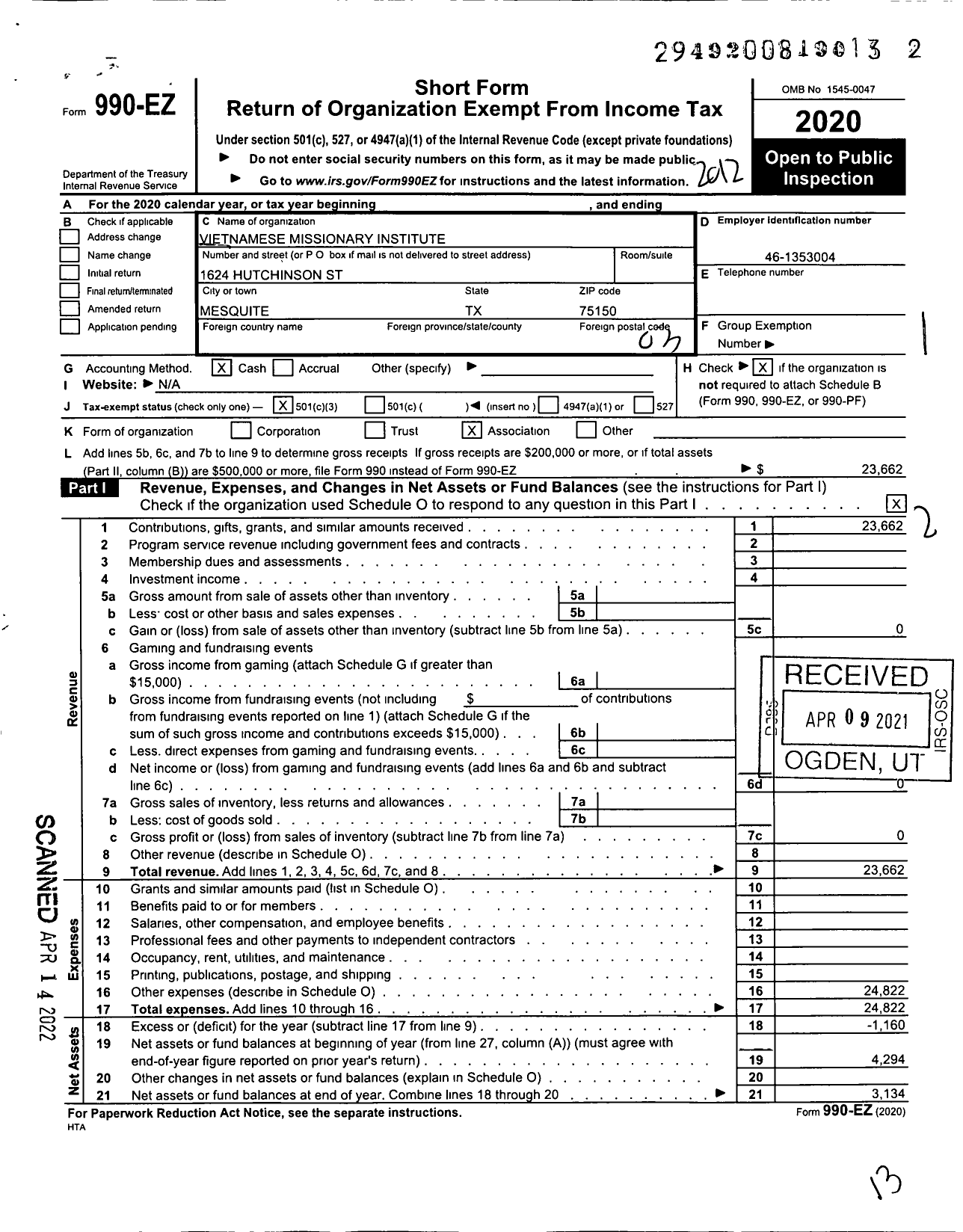 Image of first page of 2020 Form 990EZ for Vietnamese Missionary Institute