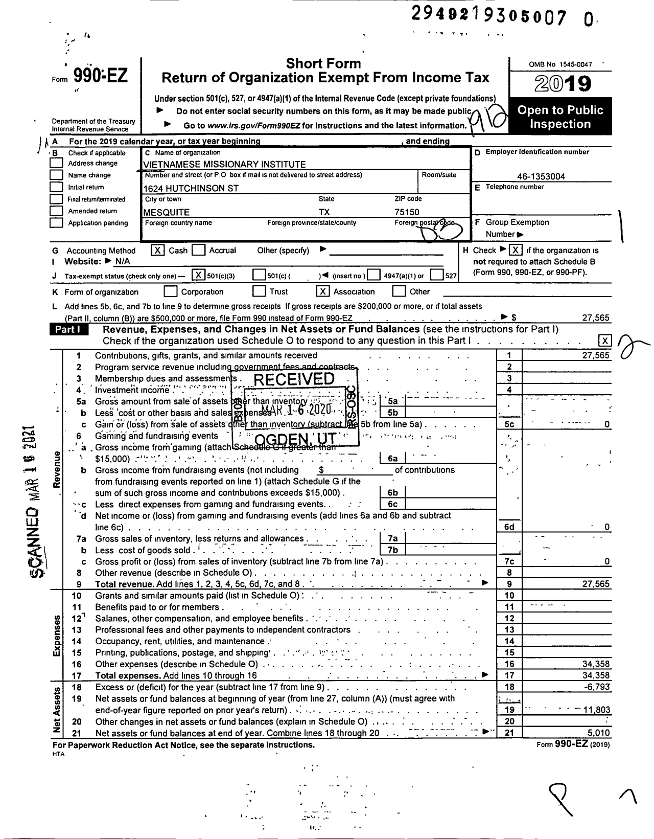 Image of first page of 2019 Form 990EZ for Vietnamese Missionary Institute