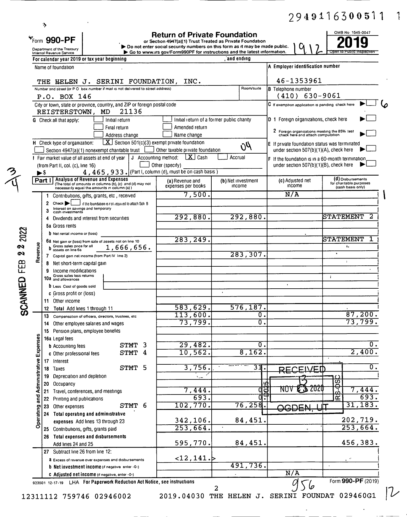 Image of first page of 2019 Form 990PF for The Helen J Serini Foundation