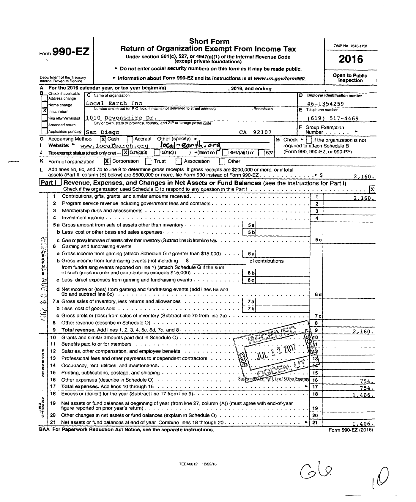 Image of first page of 2016 Form 990EZ for Local Earth