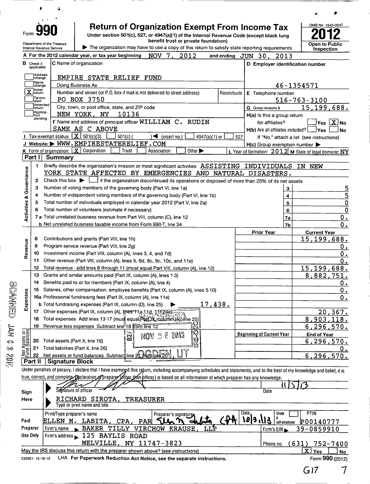 Image of first page of 2012 Form 990 for Empire State Relief Fund