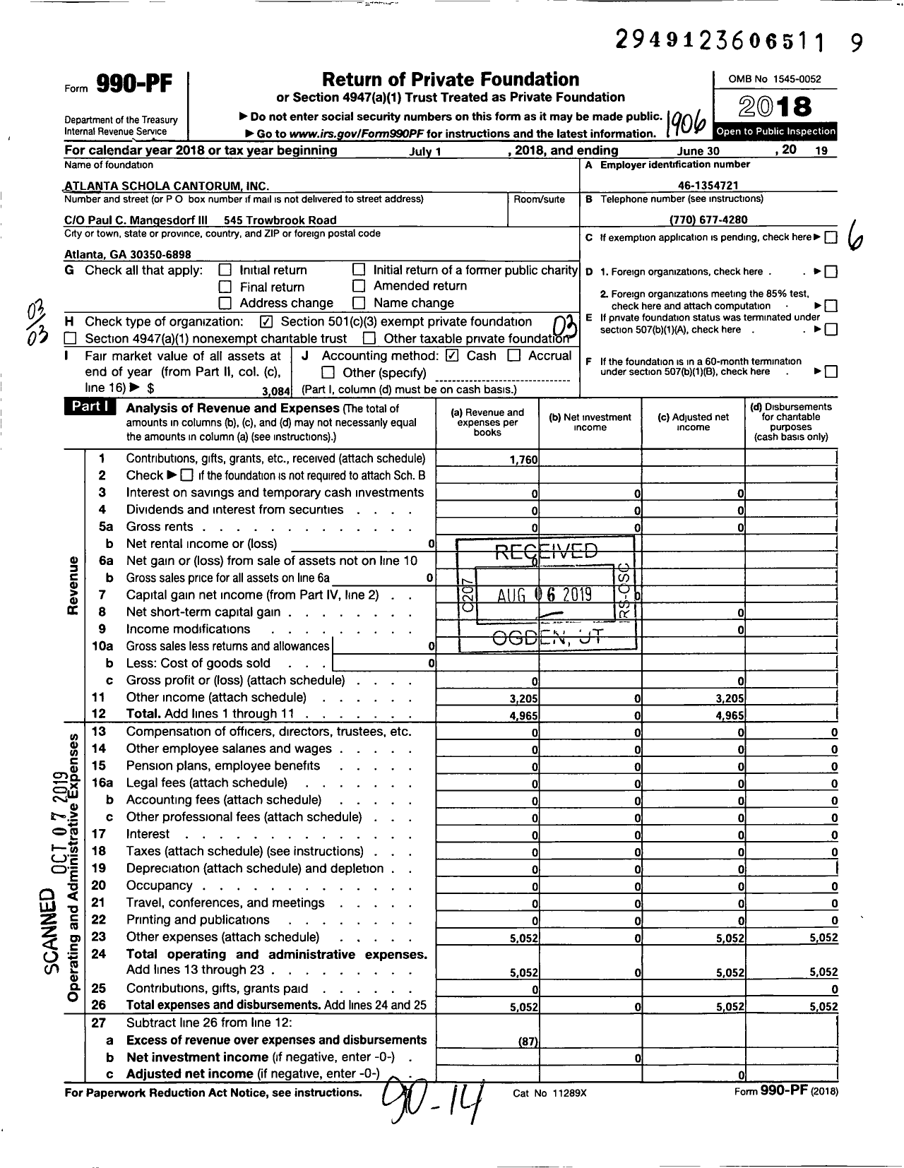 Image of first page of 2018 Form 990PF for Atlanta Schola Cantorum