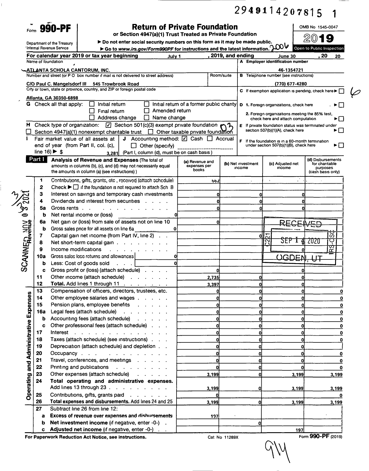 Image of first page of 2019 Form 990PF for Atlanta Schola Cantorum