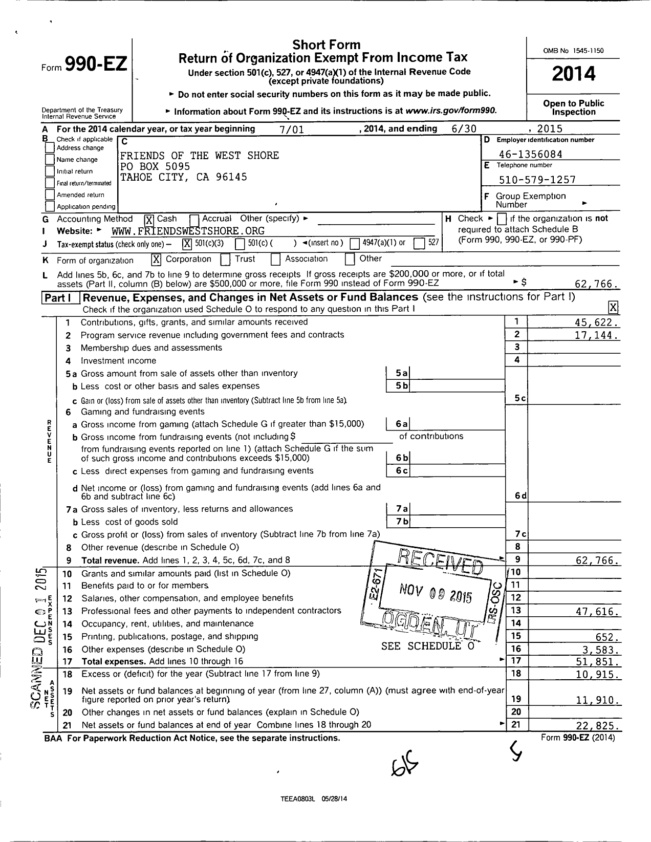 Image of first page of 2014 Form 990EZ for Friends of the West Shore