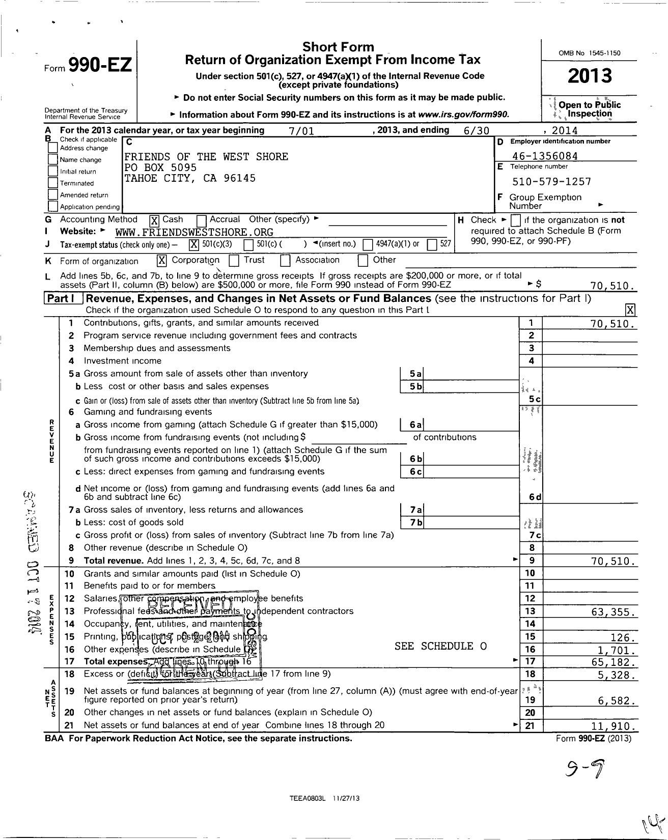 Image of first page of 2013 Form 990EZ for Friends of the West Shore