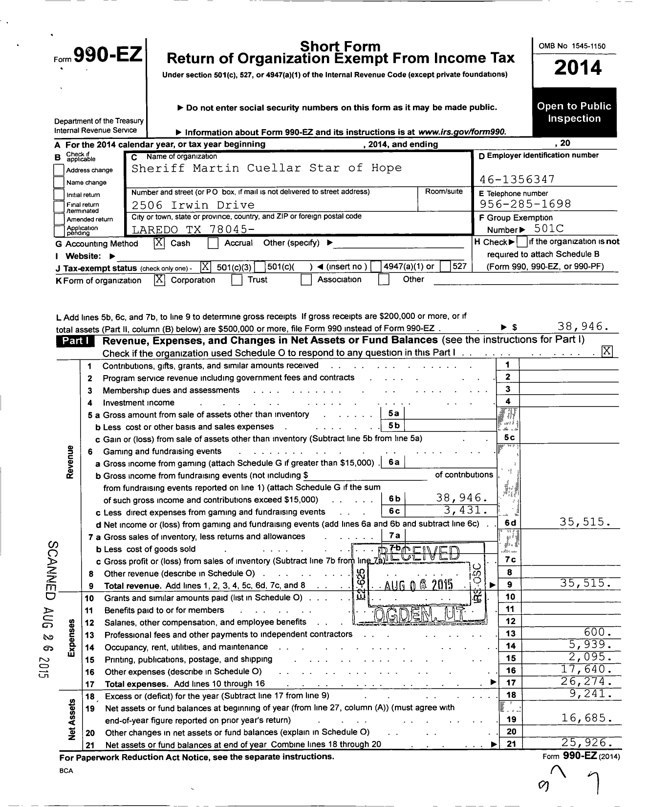 Image of first page of 2014 Form 990EZ for Gold Star of Hope