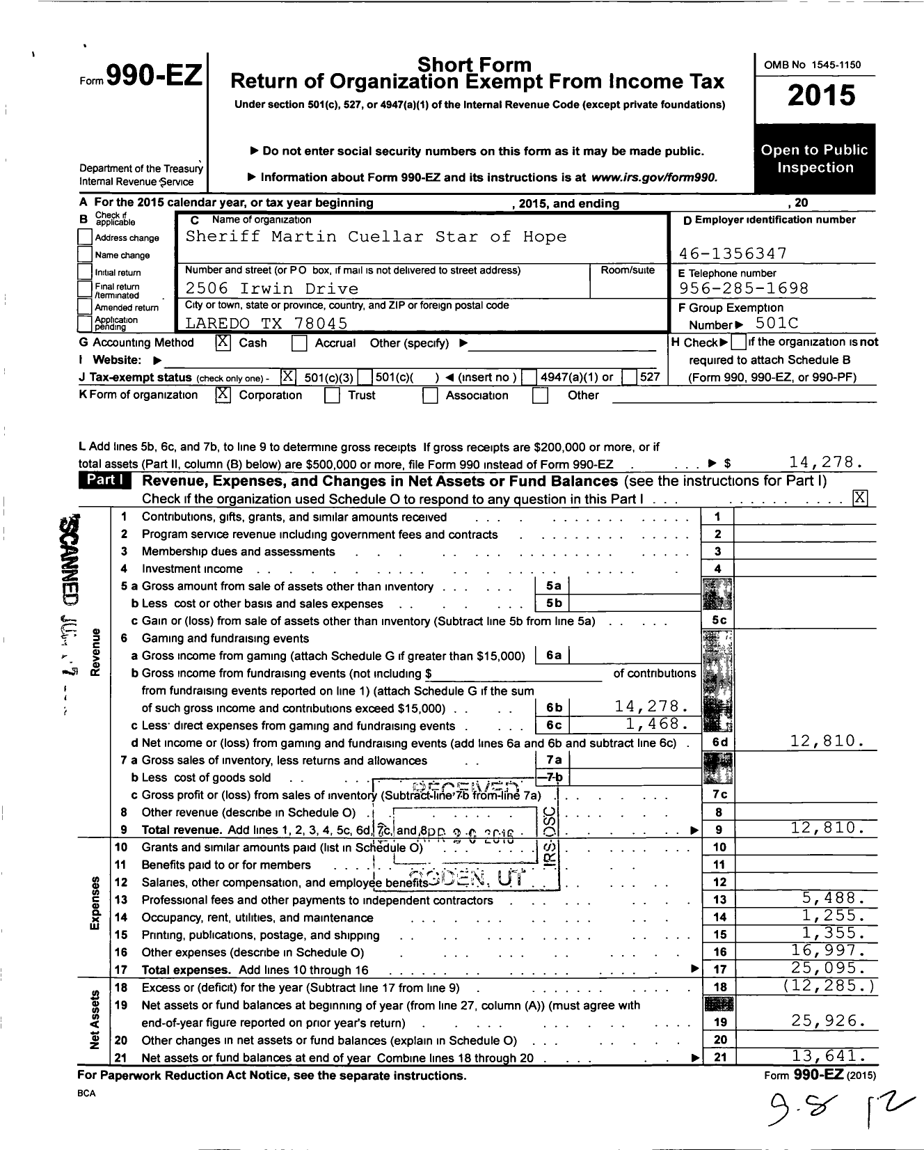 Image of first page of 2015 Form 990EZ for Gold Star of Hope
