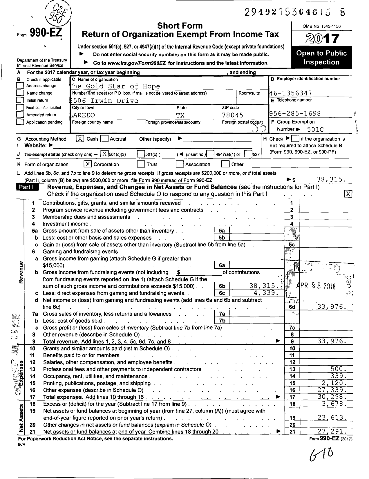 Image of first page of 2017 Form 990EZ for Gold Star of Hope