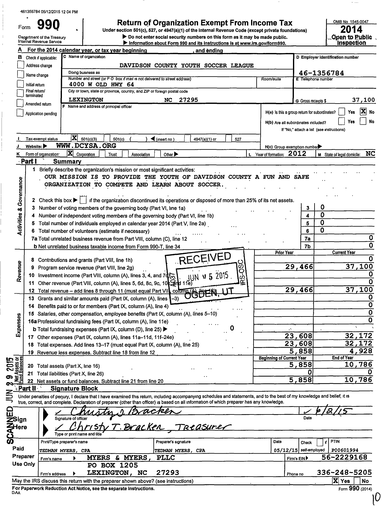 Image of first page of 2014 Form 990 for Davidson County Youth Soccer League (DCYSL)