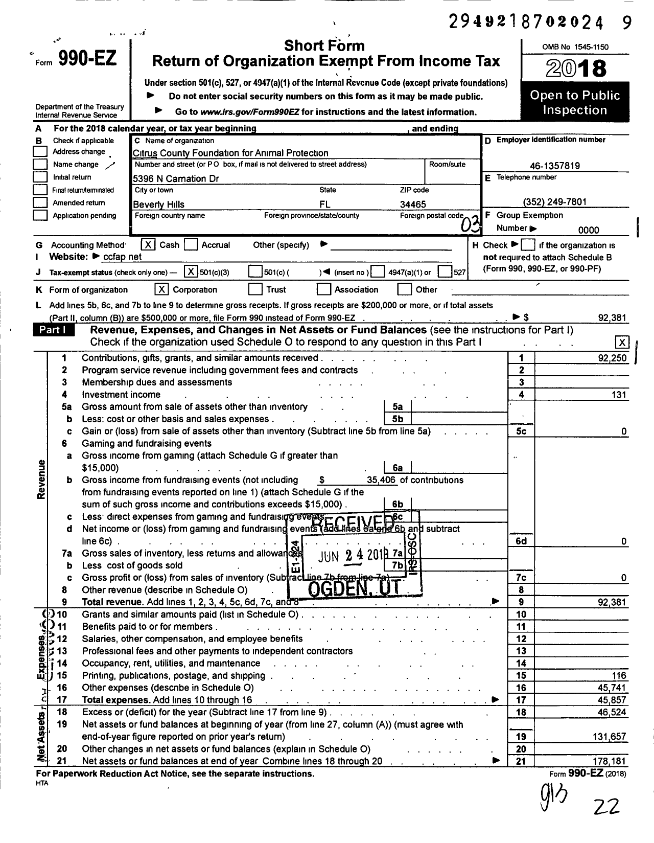 Image of first page of 2018 Form 990EZ for Citrus County Foundation for Animal Protection