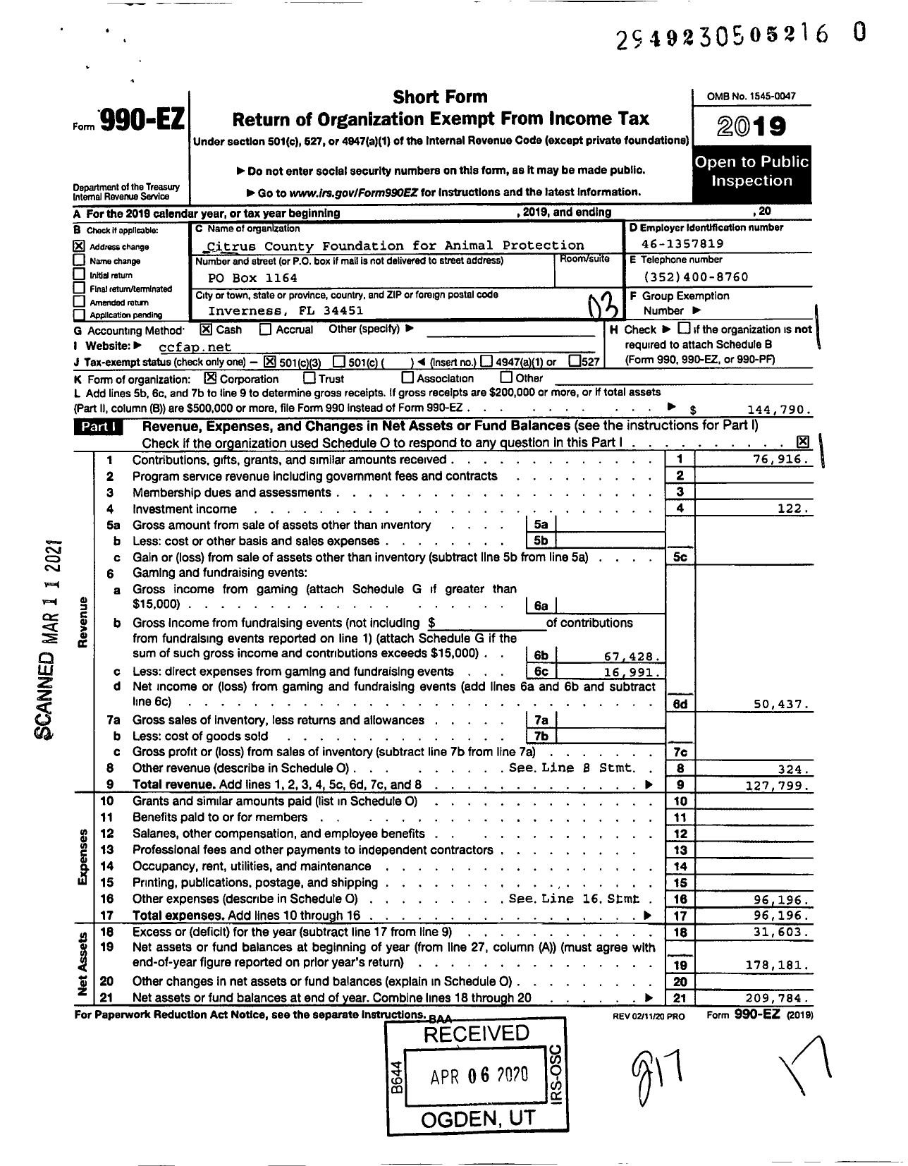 Image of first page of 2019 Form 990EZ for Citrus County Foundation for Animal Protection