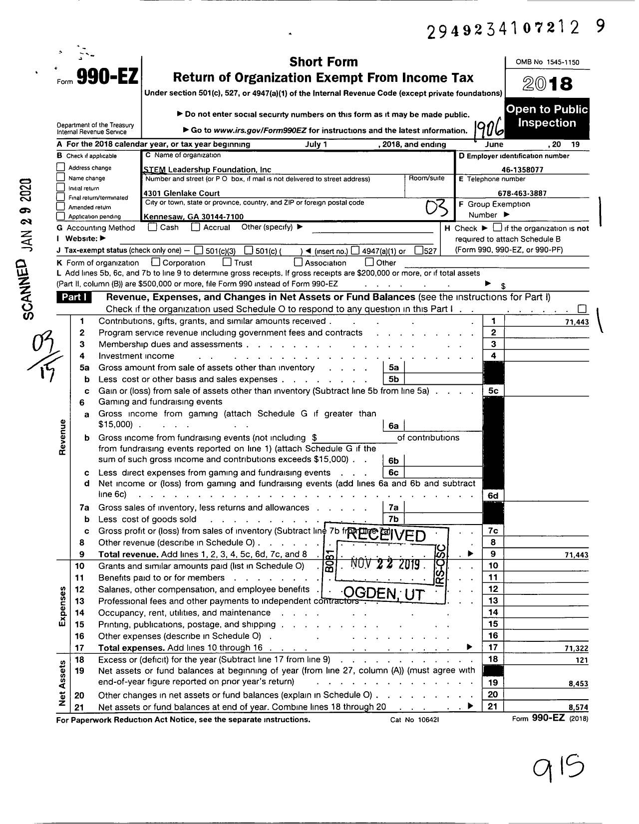 Image of first page of 2018 Form 990EZ for Stem Leadership Foundation