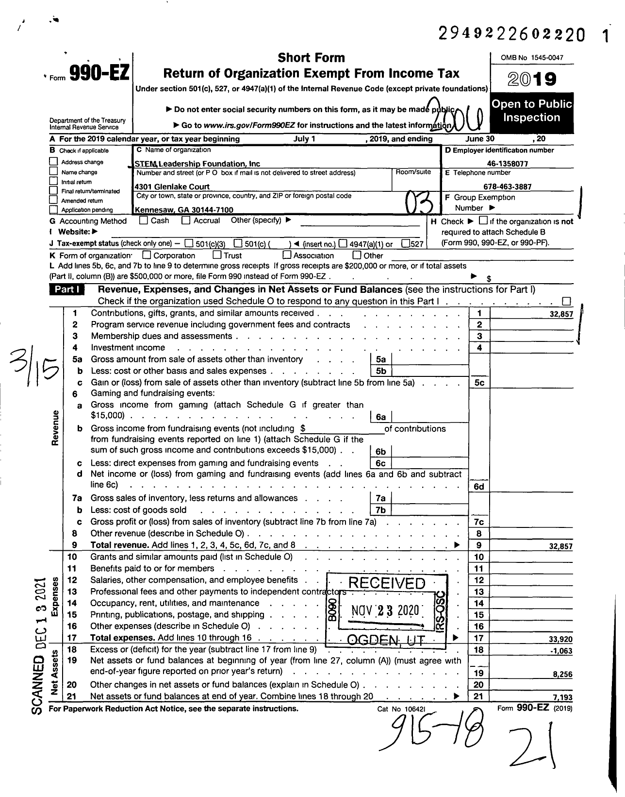 Image of first page of 2019 Form 990EZ for Stem Leadership Foundation