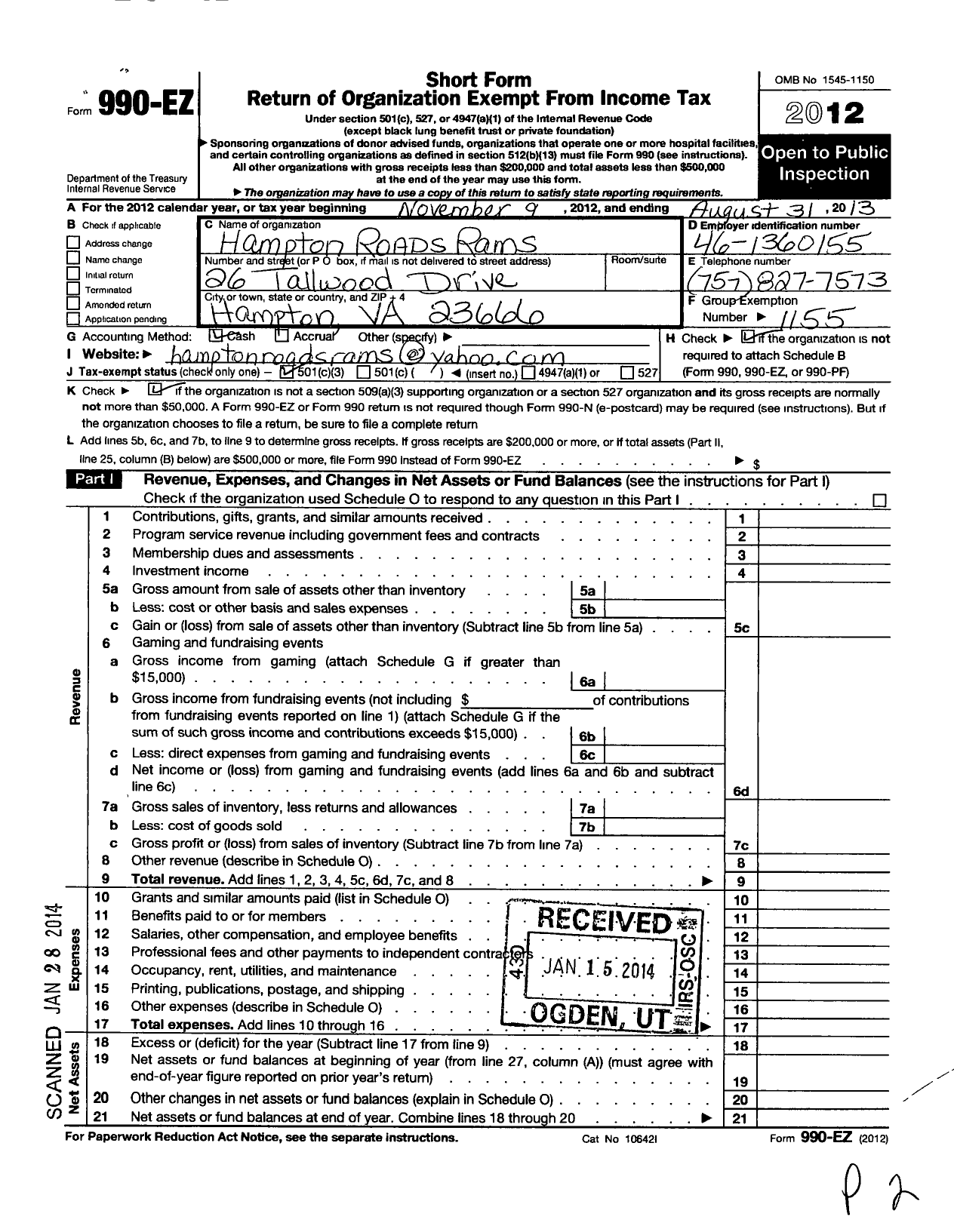 Image of first page of 2012 Form 990EZ for Amateur Athletic Union - Hampton Roads Rams