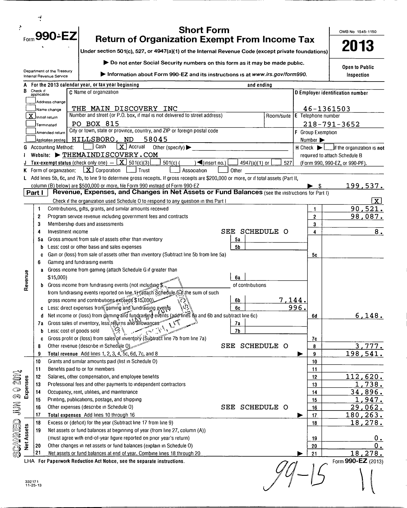 Image of first page of 2013 Form 990EZ for The Main Discovery