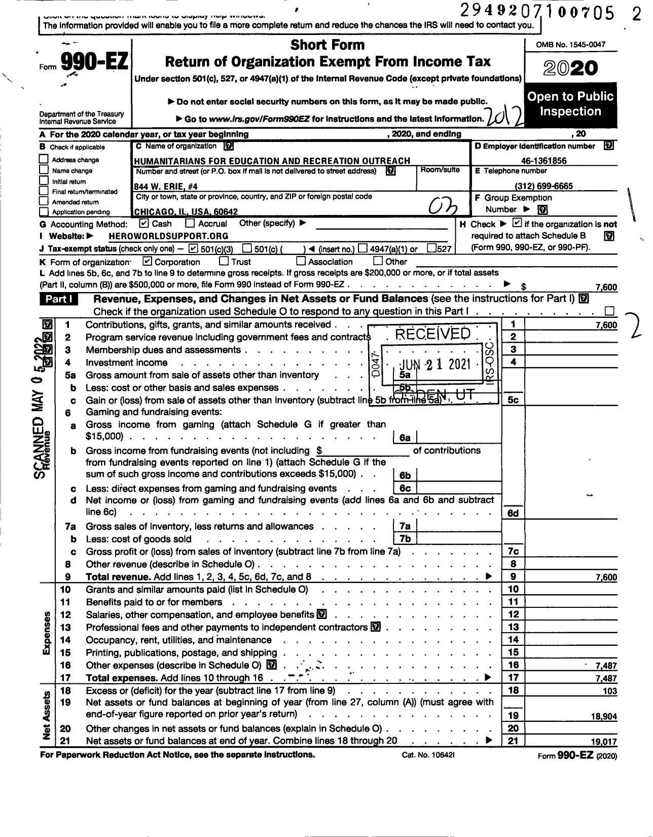 Image of first page of 2020 Form 990EZ for Humanitarians for Education and Recreation Outreach