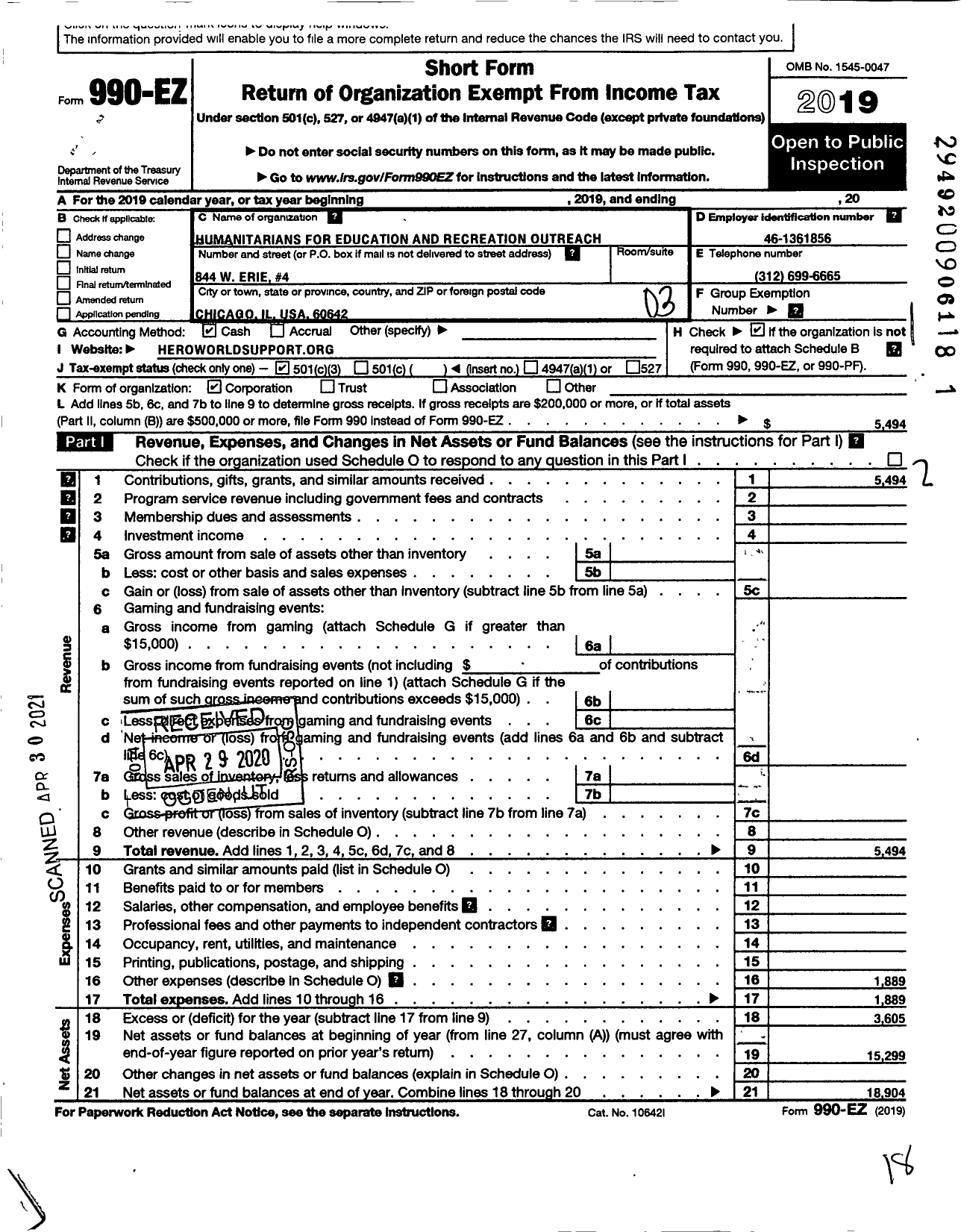 Image of first page of 2019 Form 990EZ for Humanitarians for Education and Recreation Outreach