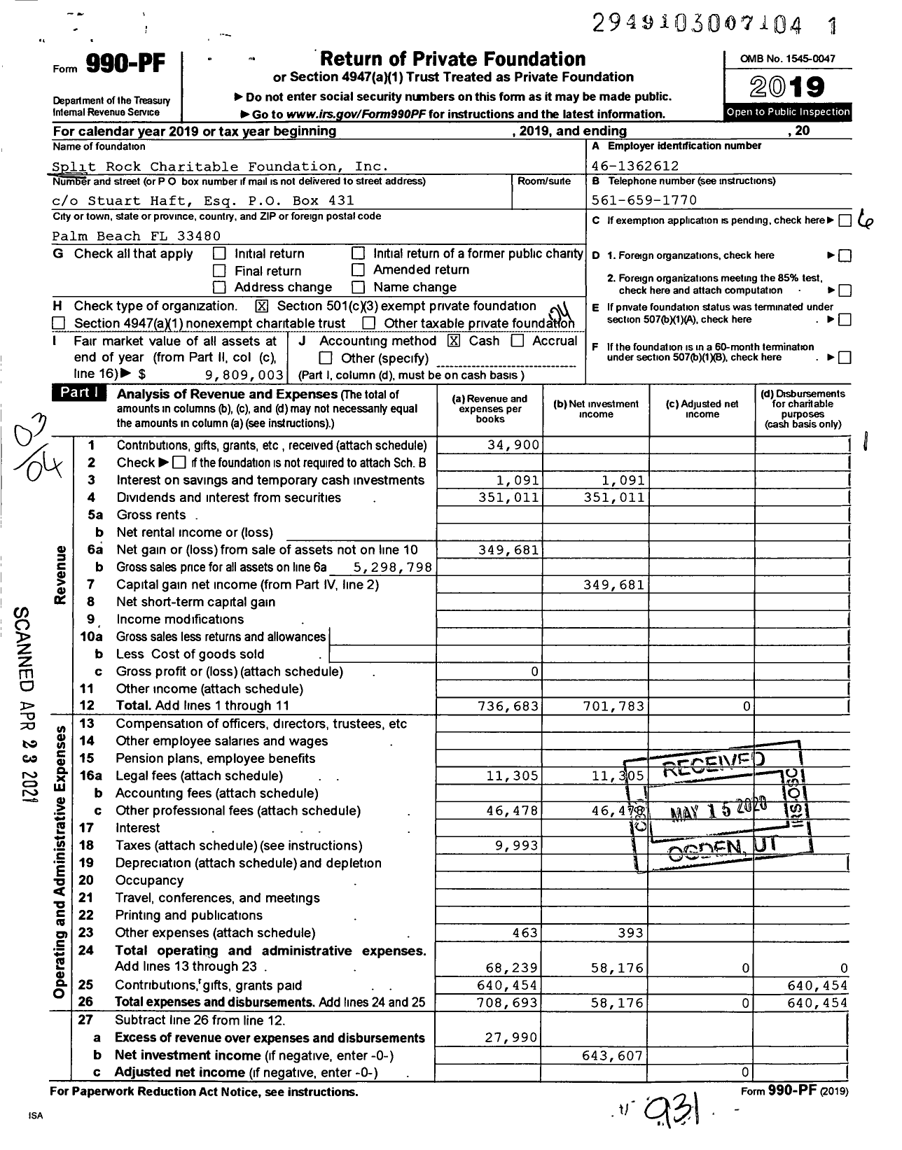 Image of first page of 2019 Form 990PF for Split Rock Charitable Foundation