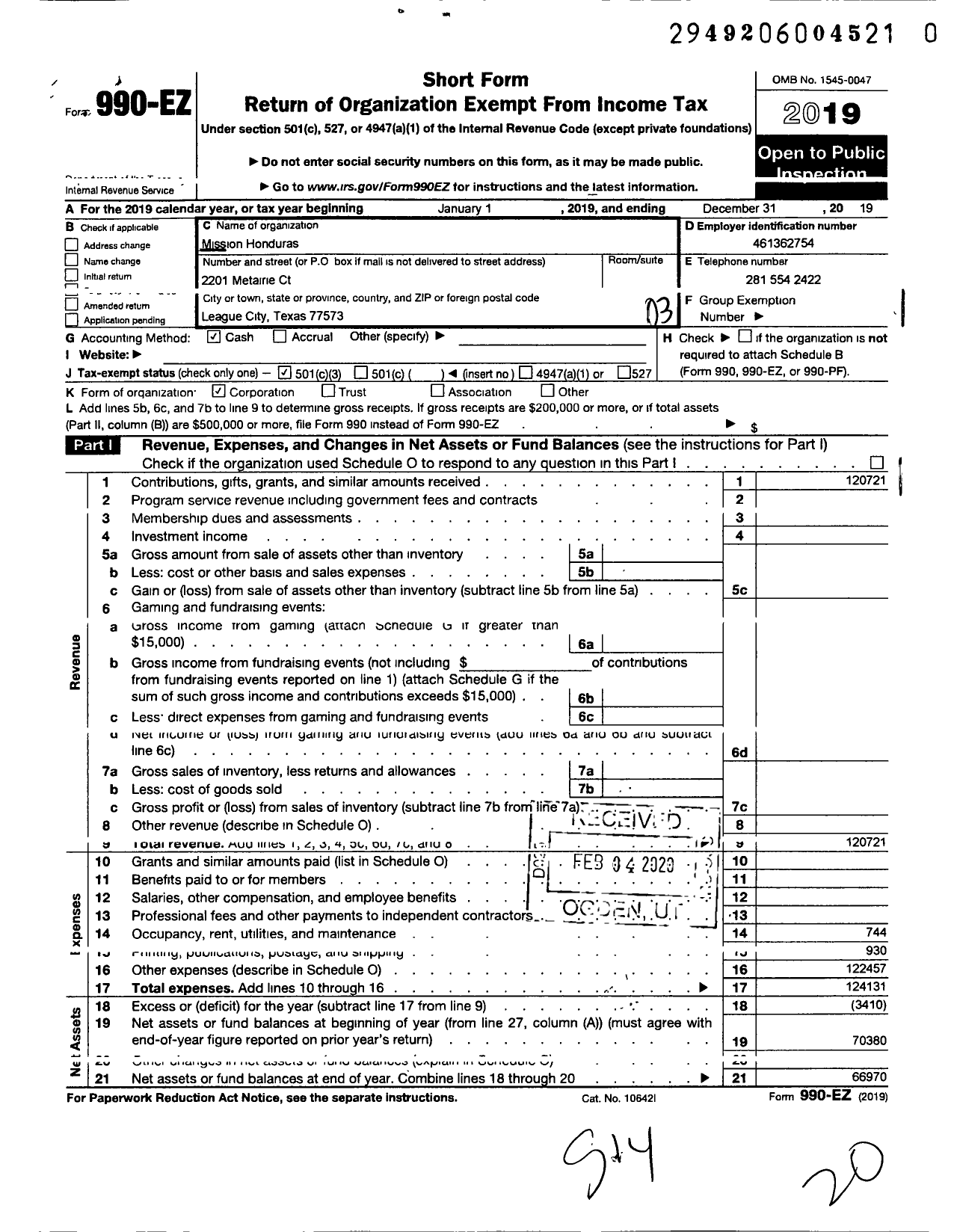 Image of first page of 2019 Form 990EZ for Mission Honduras