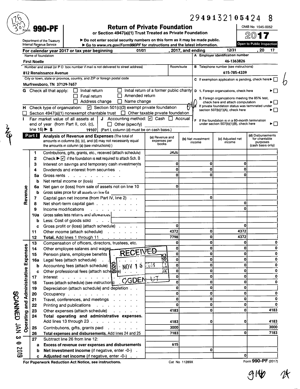 Image of first page of 2017 Form 990PF for First Noelle