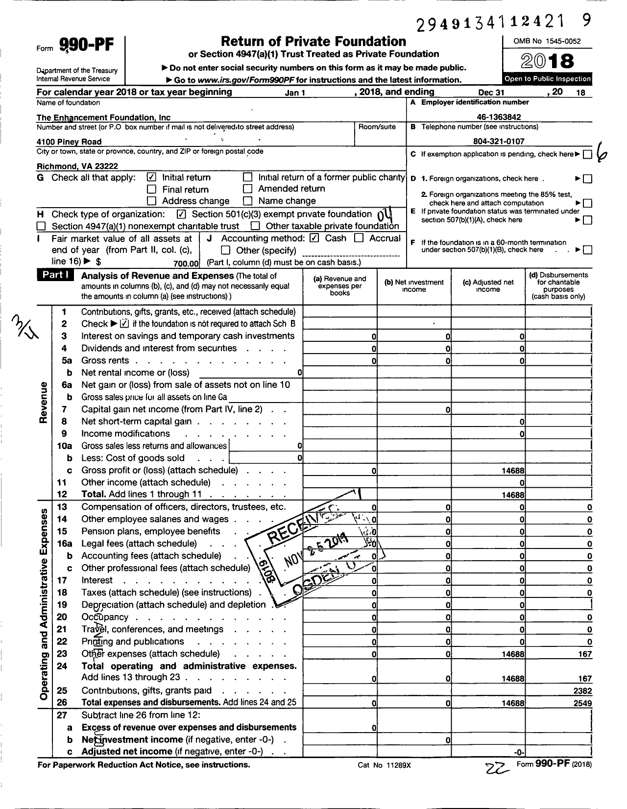 Image of first page of 2018 Form 990PF for The Enhancement Foundation