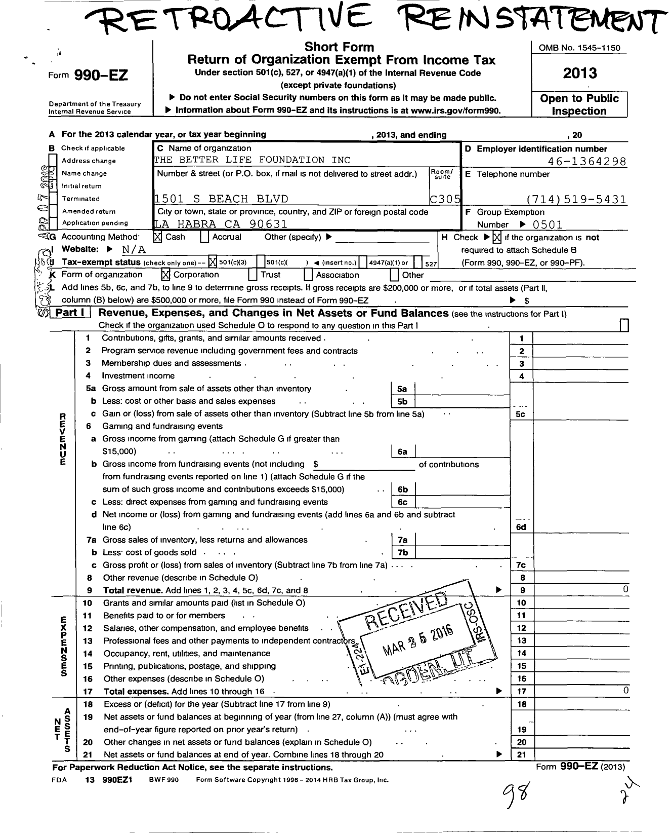 Image of first page of 2013 Form 990EZ for Better Life Foundation