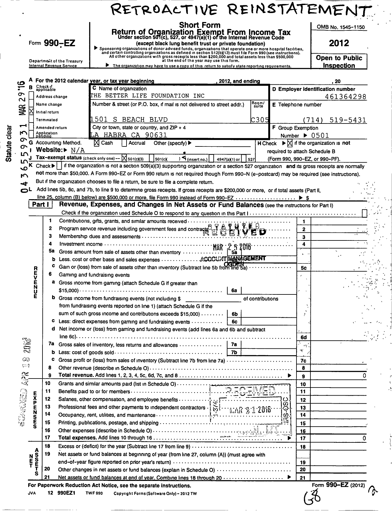 Image of first page of 2012 Form 990EZ for Better Life Foundation