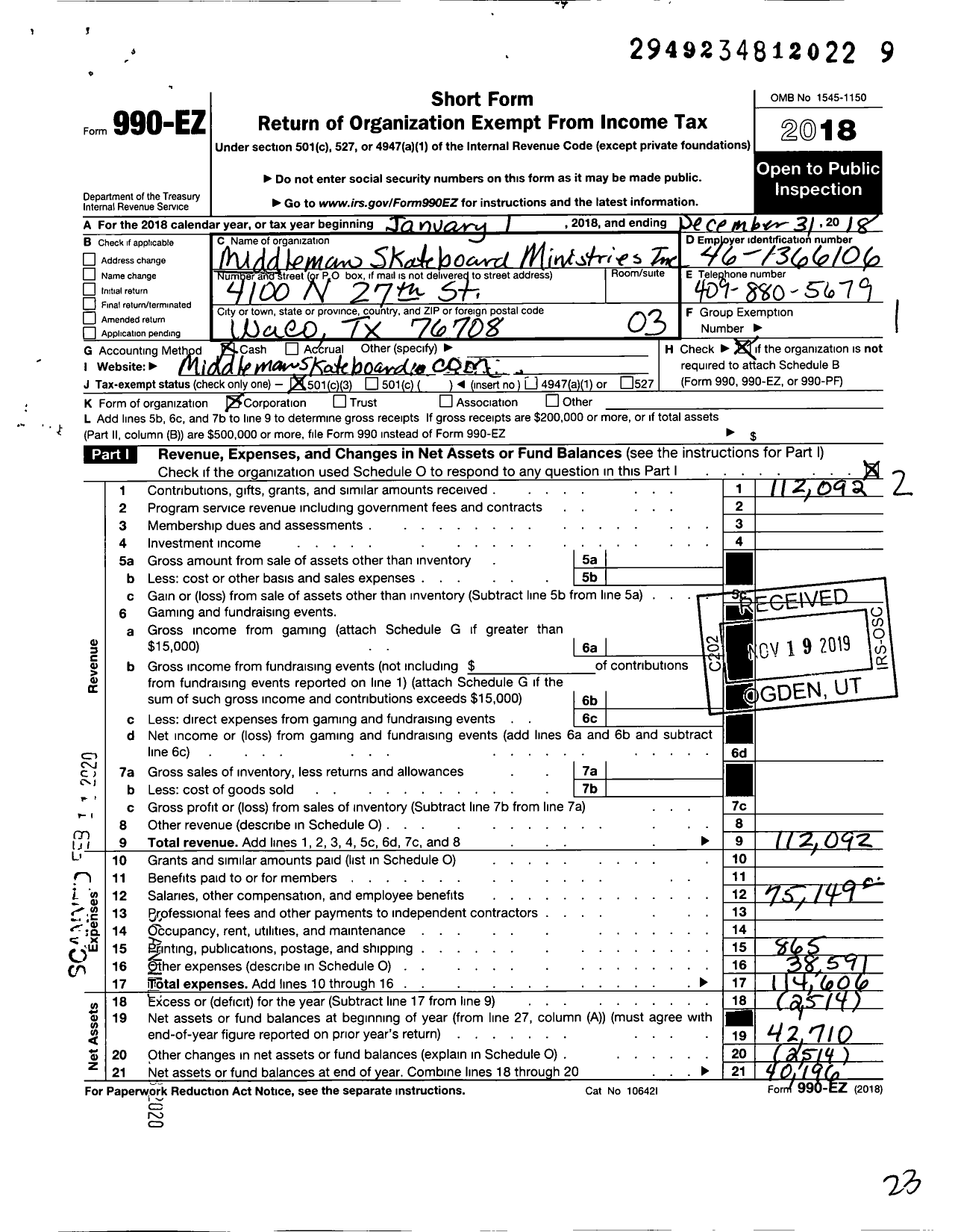 Image of first page of 2018 Form 990EZ for Middleman Skateboard Ministries