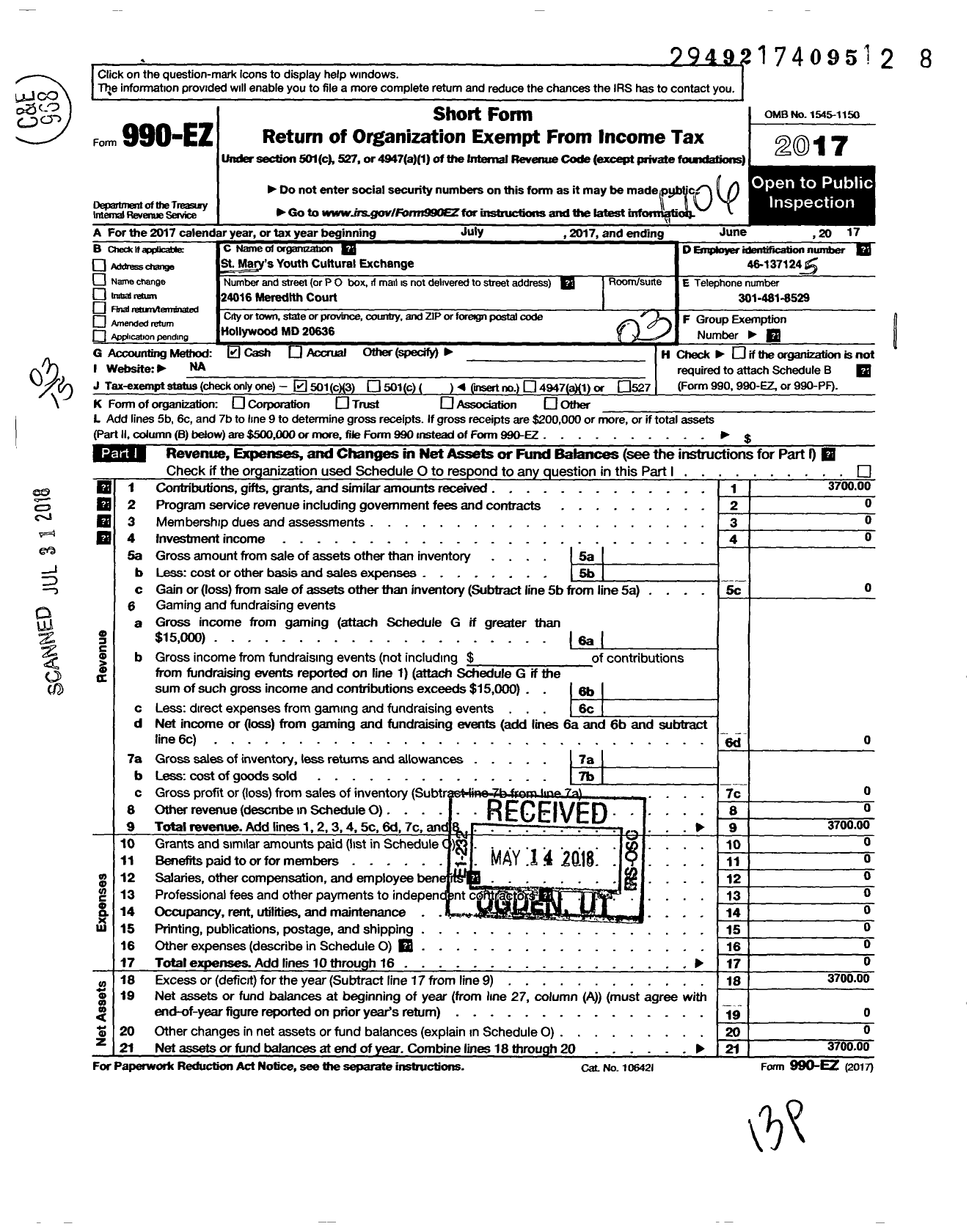 Image of first page of 2016 Form 990EZ for St Marys Youth Cultural Exchange