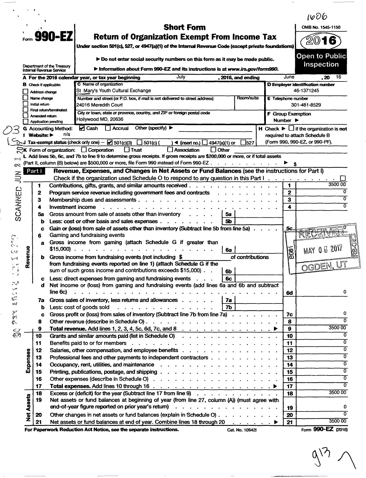 Image of first page of 2015 Form 990EZ for St Marys Youth Cultural Exchange