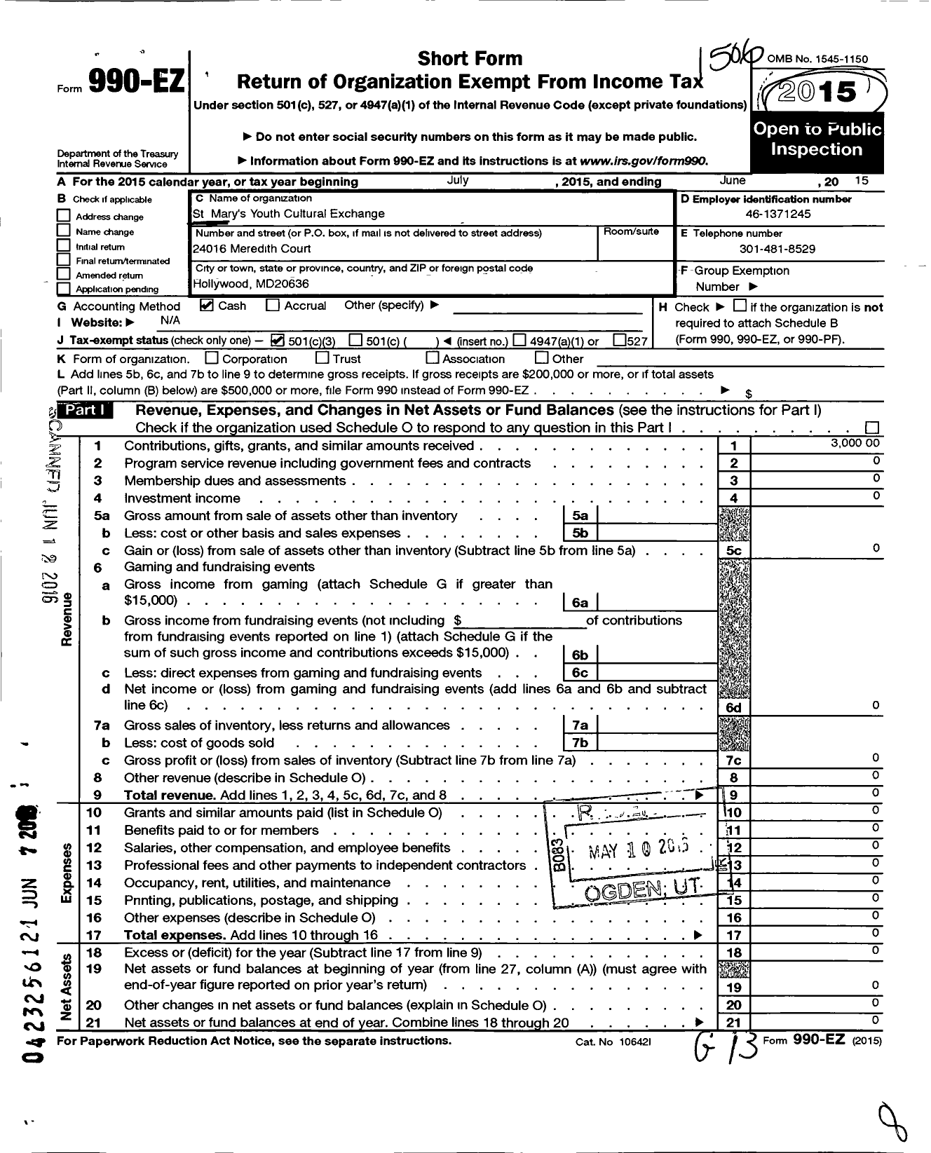 Image of first page of 2014 Form 990EZ for St Marys Youth Cultural Exchange