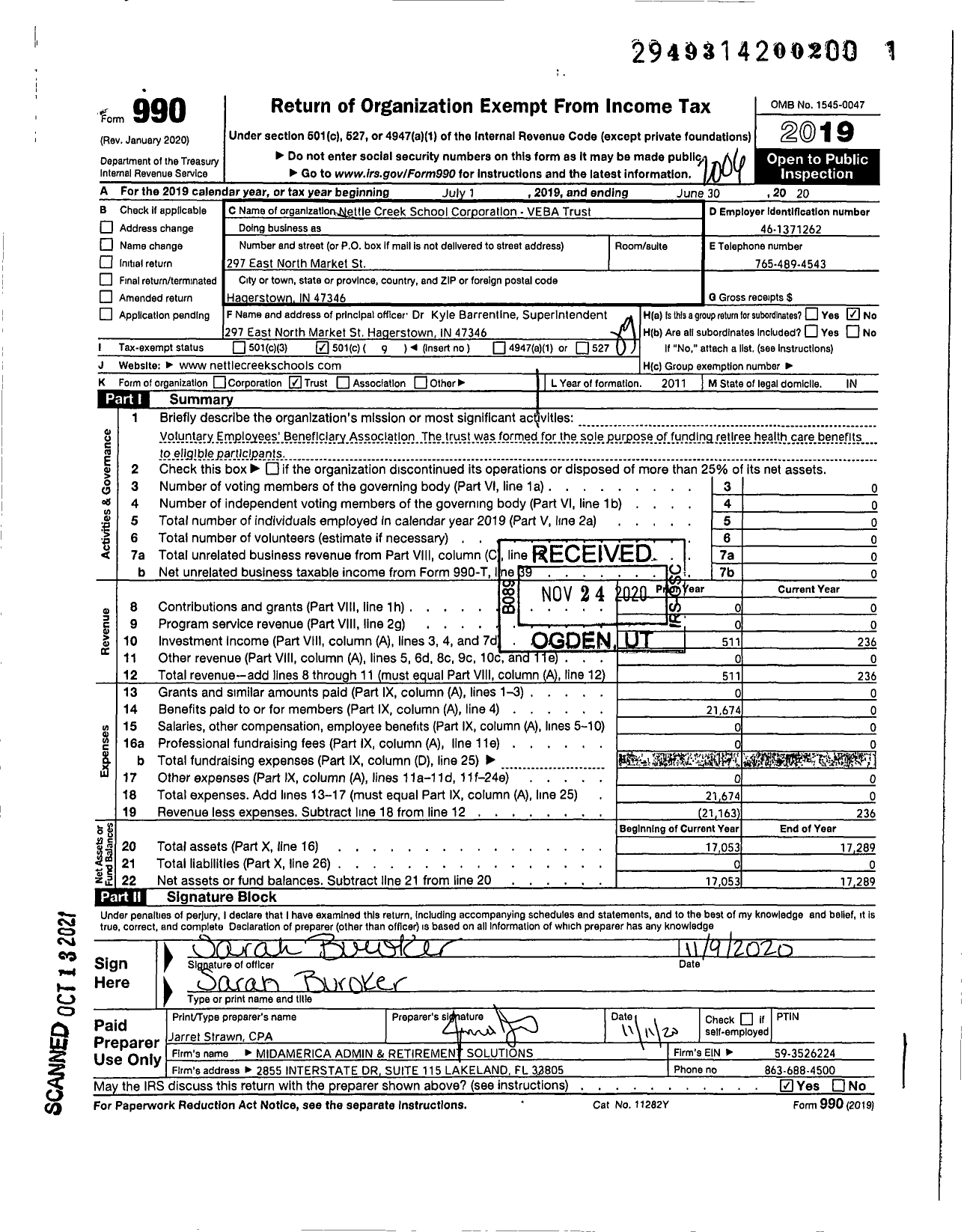 Image of first page of 2019 Form 990O for Nettle Creek School Corporation Veba Trust