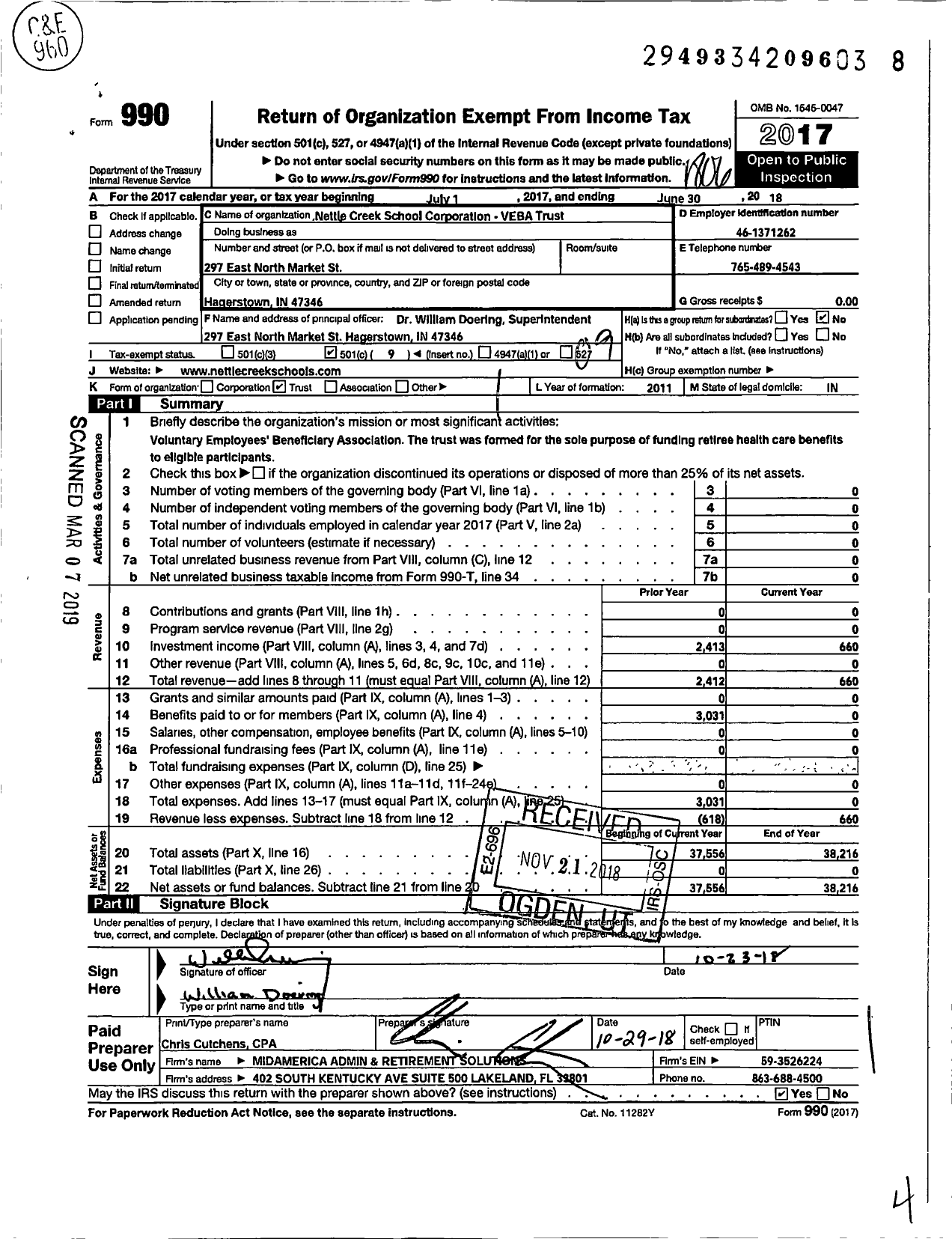 Image of first page of 2017 Form 990O for Nettle Creek School Corporation Veba Trust