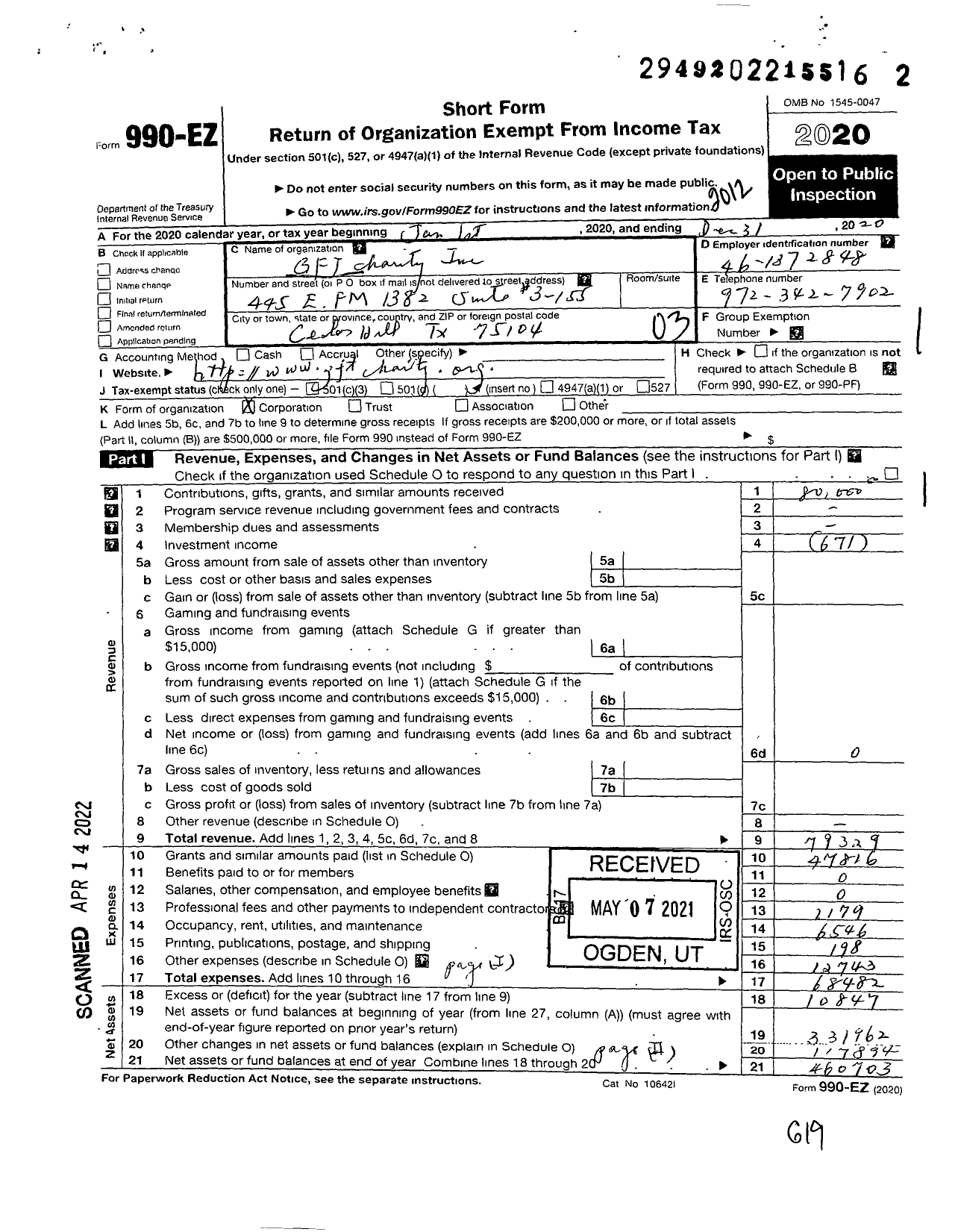 Image of first page of 2020 Form 990EZ for GFT Charity