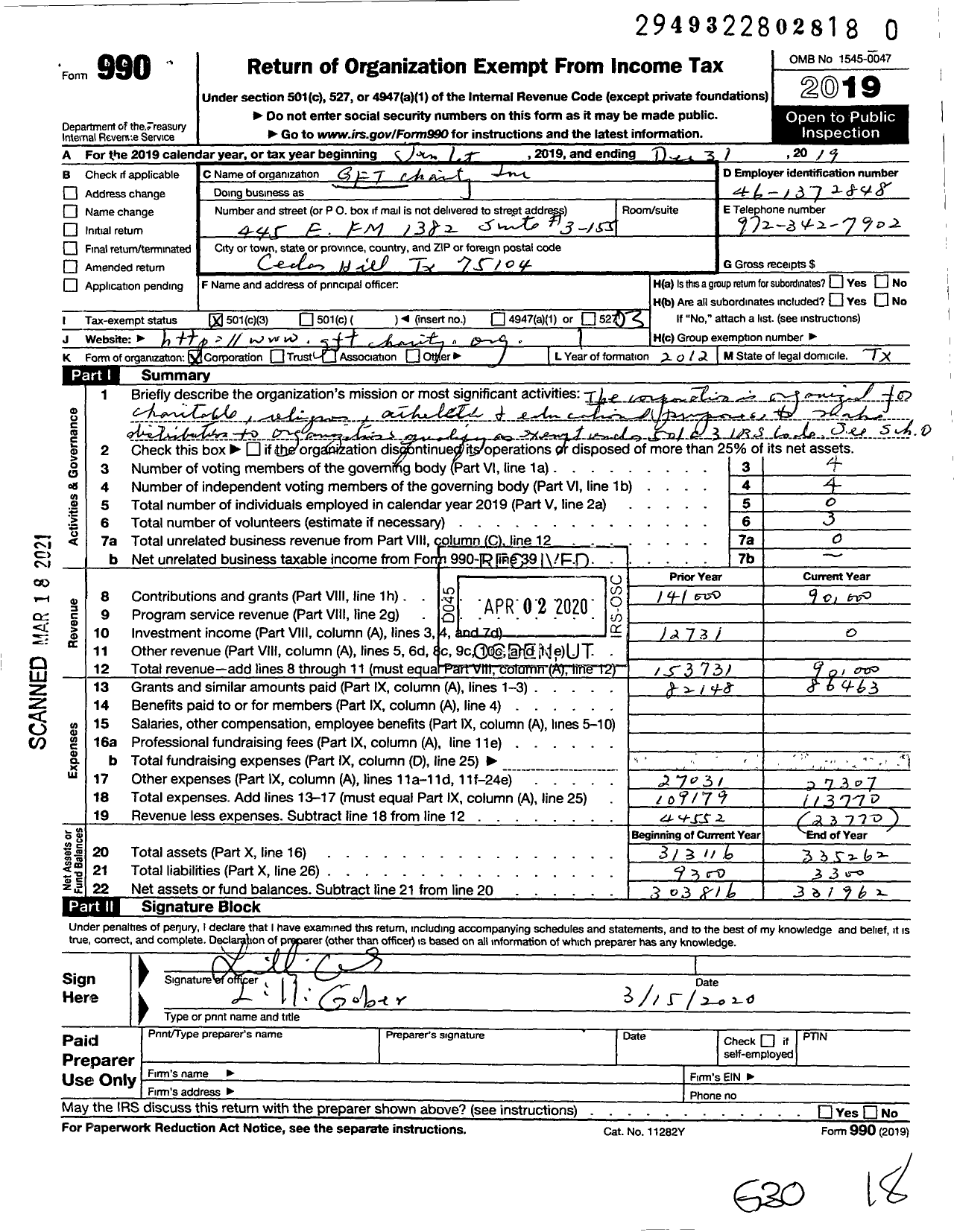 Image of first page of 2019 Form 990 for GFT Charity