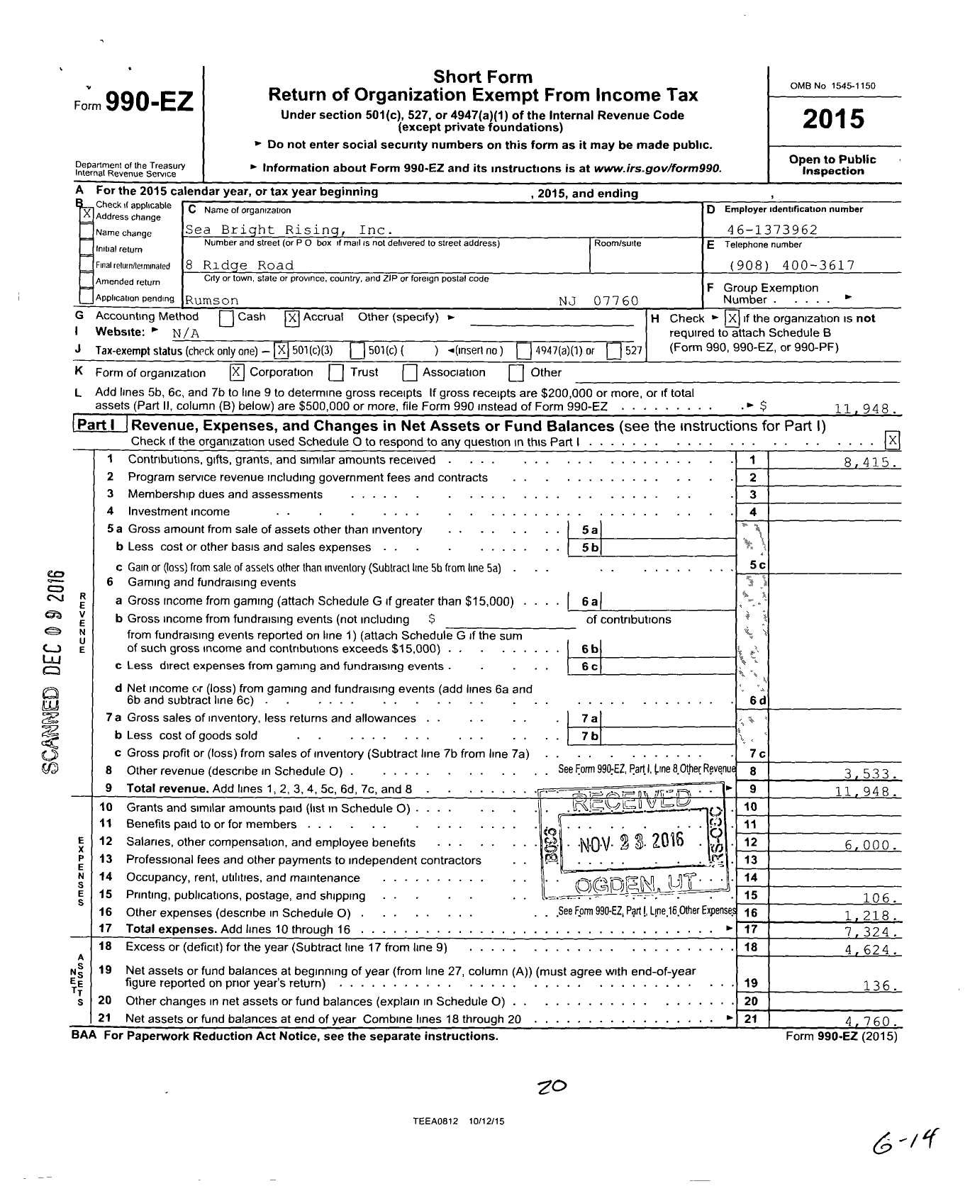 Image of first page of 2015 Form 990EZ for Sea Bright Rising