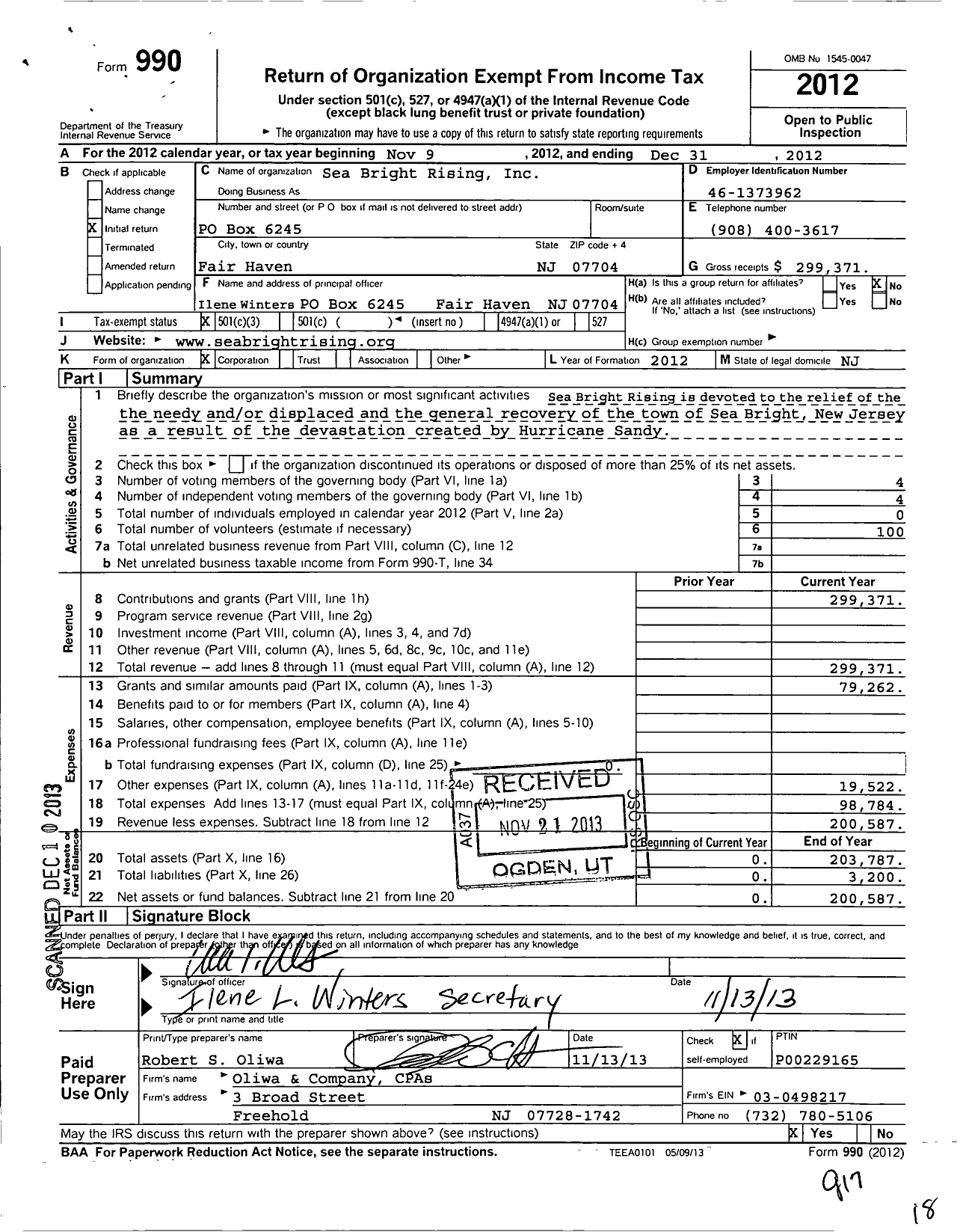 Image of first page of 2012 Form 990 for Sea Bright Rising