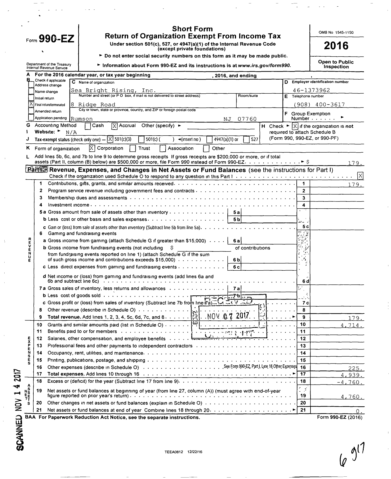 Image of first page of 2016 Form 990EZ for Sea Bright Rising