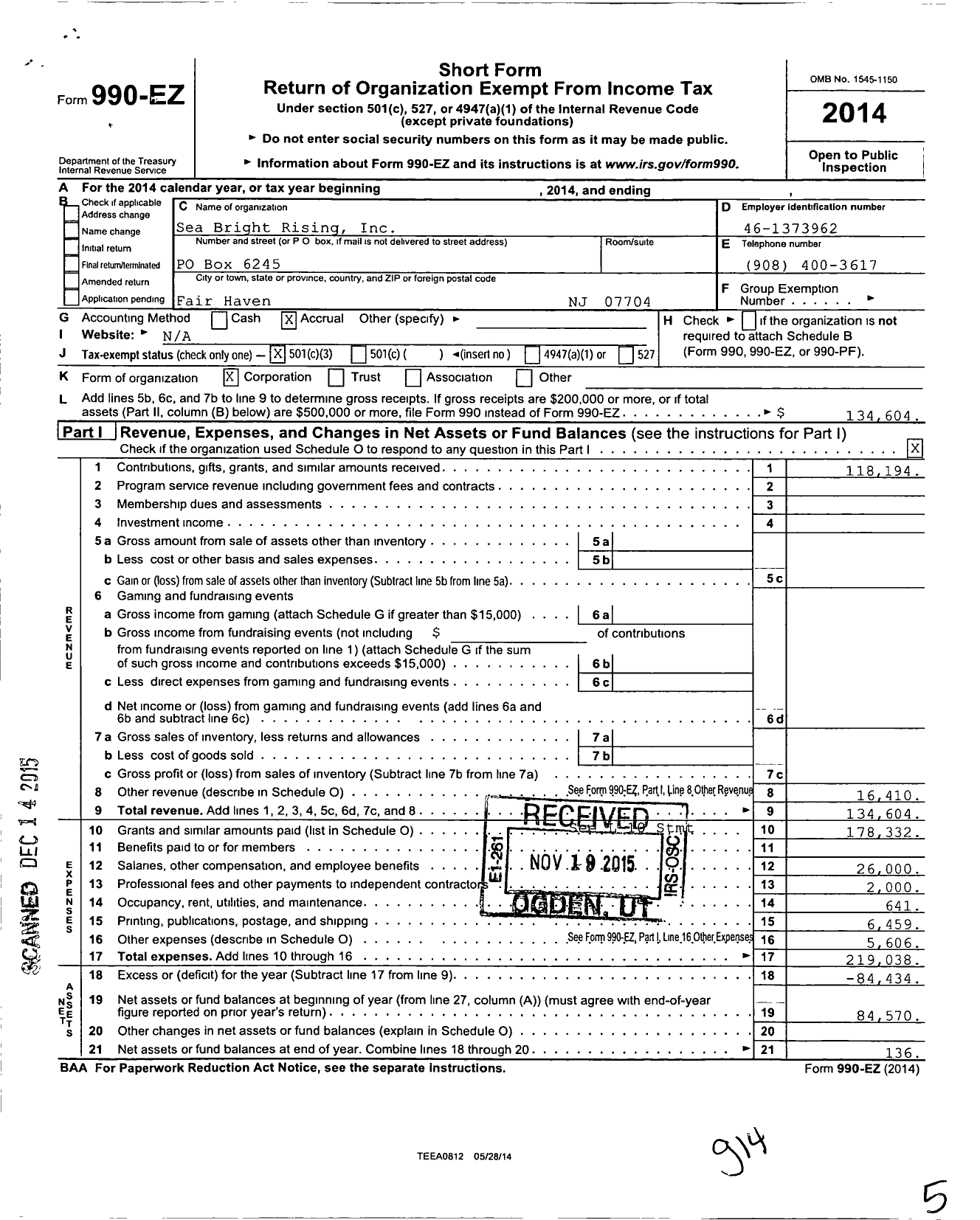 Image of first page of 2014 Form 990EZ for Sea Bright Rising