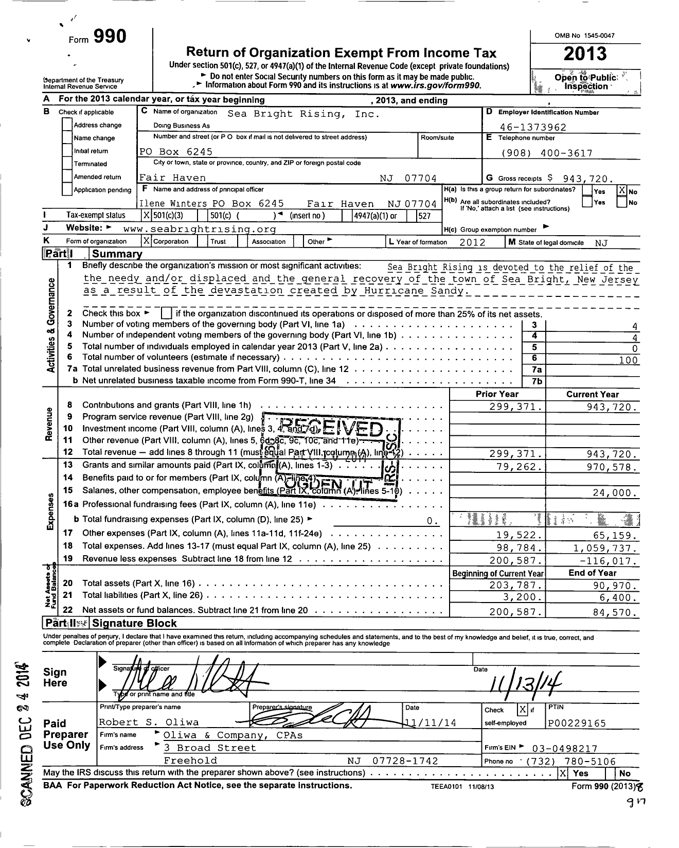 Image of first page of 2013 Form 990 for Sea Bright Rising