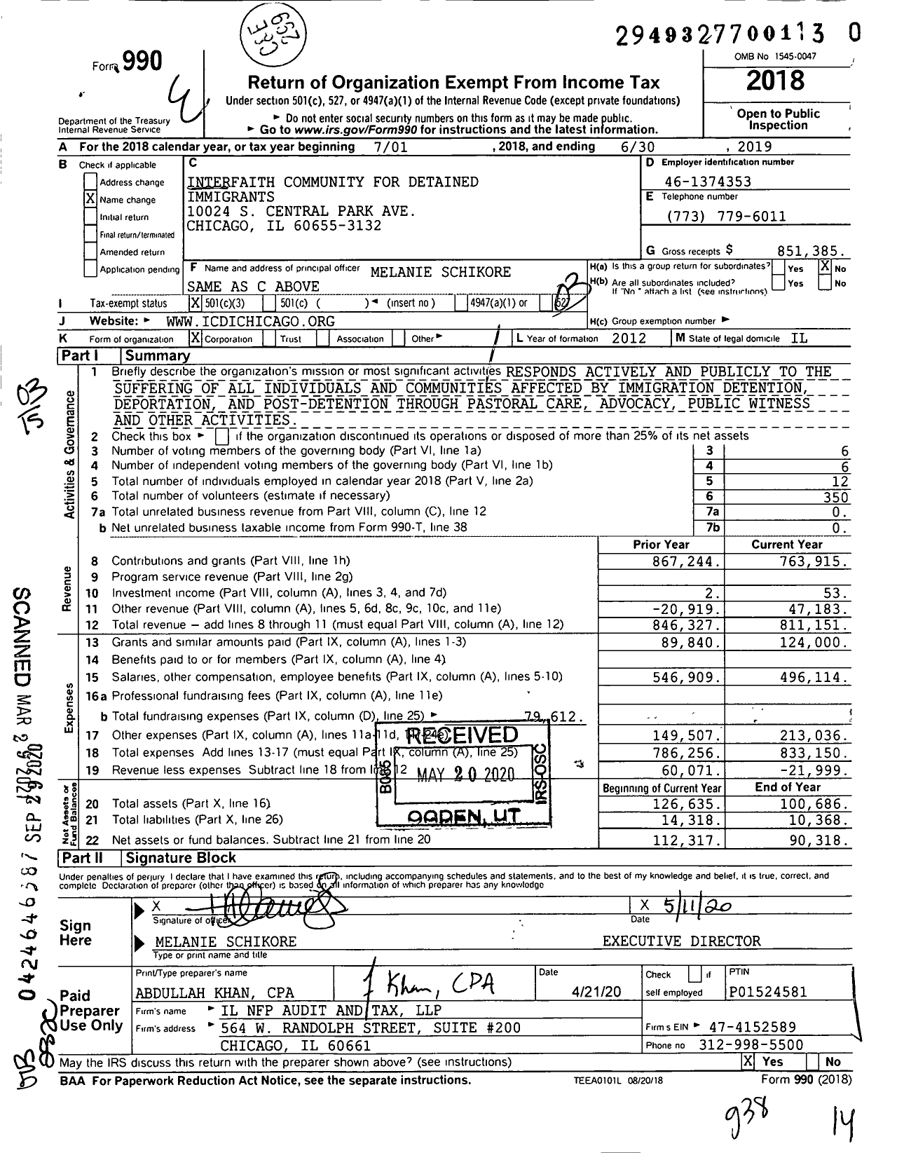 Image of first page of 2018 Form 990 for Interfaith Community for Detained Immigrants