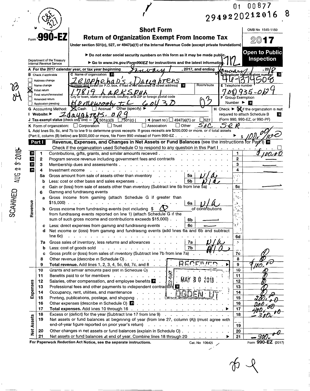 Image of first page of 2017 Form 990EZ for Zelophehads Daughters