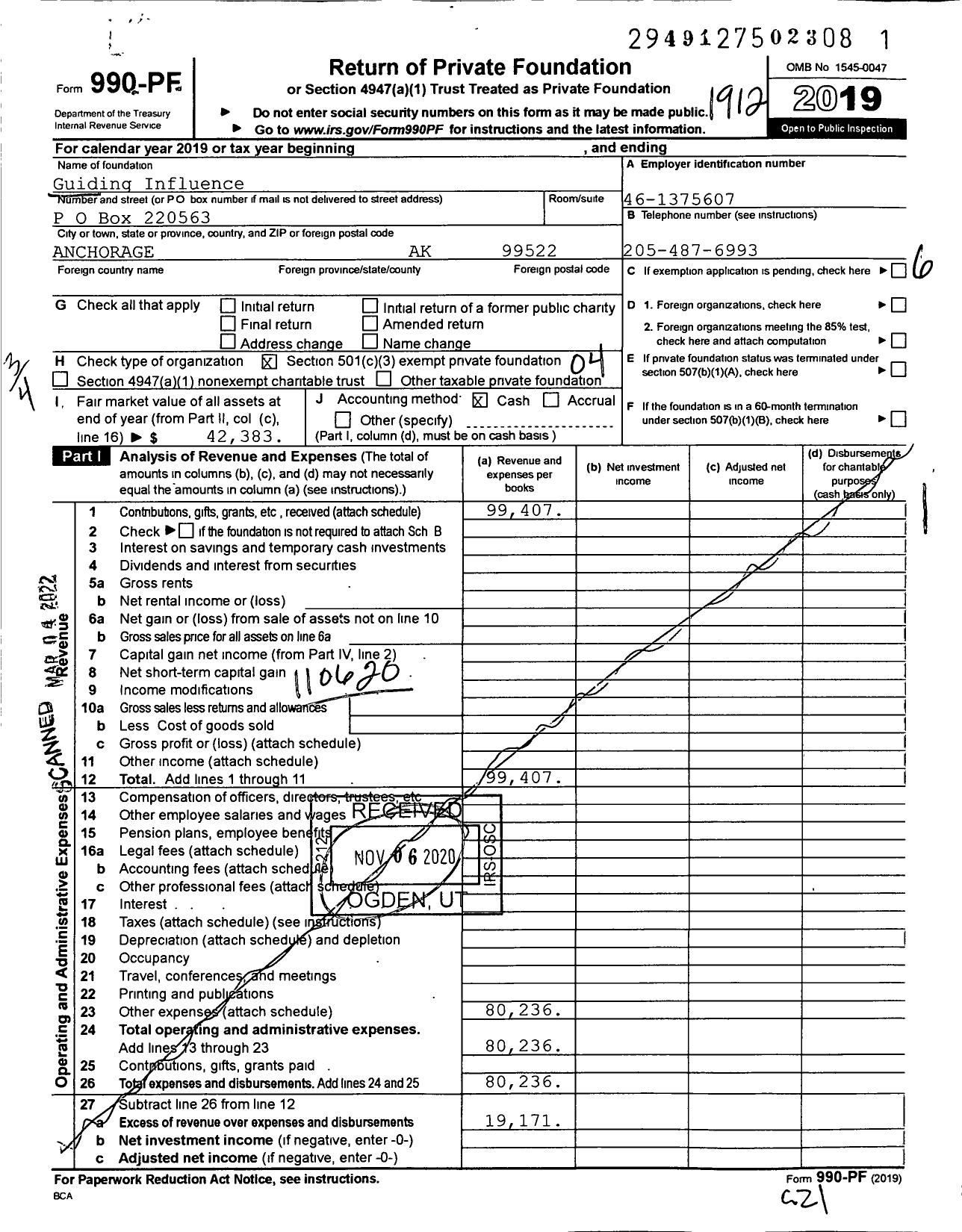 Image of first page of 2019 Form 990PF for Guiding Influence