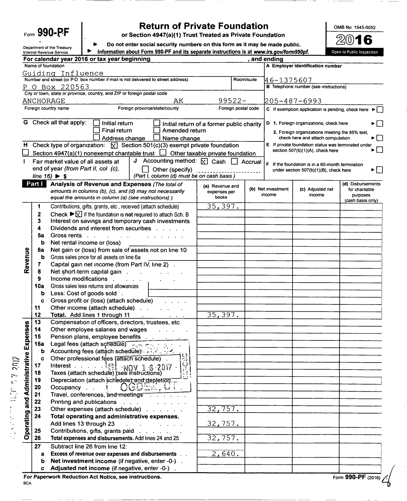 Image of first page of 2016 Form 990PF for Guiding Influence