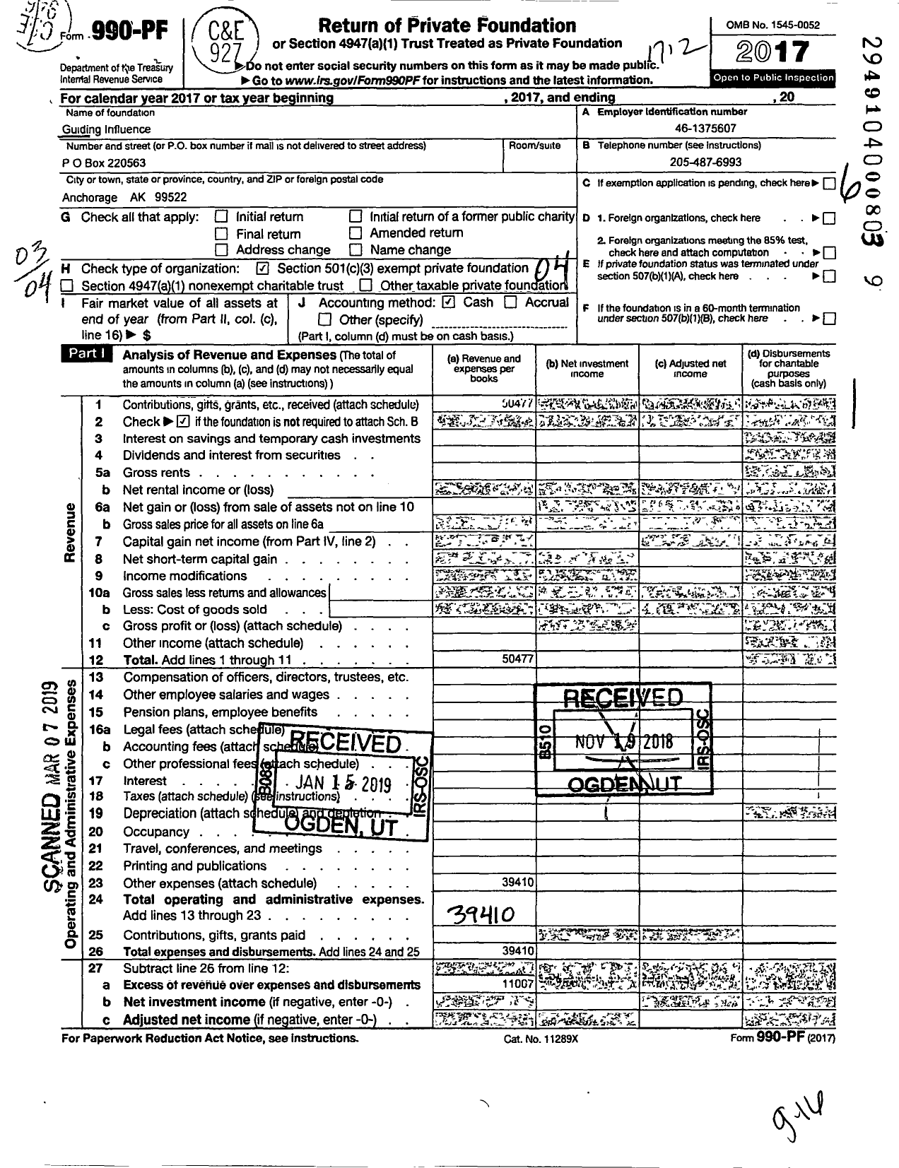 Image of first page of 2017 Form 990PF for Guiding Influence